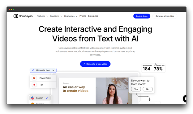 Colossyan homepage promoting the ability to "Create Interactive and Engaging Videos from Text with AI," showing an avatar and options to generate from PowerPoint or PDF.
🔑 Keywords: AI Video Generator; Video Generators; Faceless Videos; Colossyan Interactive Videos; Text to Video with Avatars
