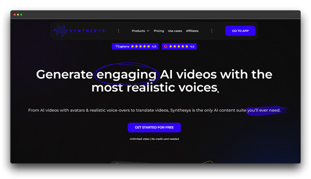 Synthesys homepage: "Generate engaging AI videos with the most realistic voices," describing its service as an AI content suite with avatars and realistic voice-overs to translate videos.
🔑 Keywords: AI Video Generator; Video Generators; Faceless Videos; Synthesys AI videos; Realistic voice-overs