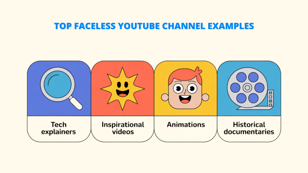 A graphic showing four square icons with rounded corners. From left to right, the icons represent: a magnifying glass over a document for "Tech explainers," a starburst with a smiling face for "Inspirational videos," a head of a boy with red hair for "Animations," and a film reel for "Historical documentaries." Keywords: Faceless Video Creation Tool, video creation, faceless video.
