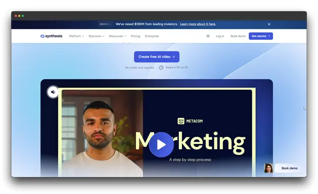 A screenshot of the Synthesia website. The headline says "Create free AI video." The main part of the page shows a video player with a man in a blue shirt standing in front of text that says "Marketing." A "Book demo" button is also present. Keywords: Faceless Video Creation Tool, video creation, faceless video.