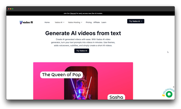 Vadoo AI homepage: "Generate AI videos from text," claiming to create AI-generated videos with ease using text prompts, themes, voiceovers, and subtitles to create short AI videos.
🔑 Keywords: AI Video Generator; Video Generators; Faceless Videos; Vadoo AI; Generate AI videos from text