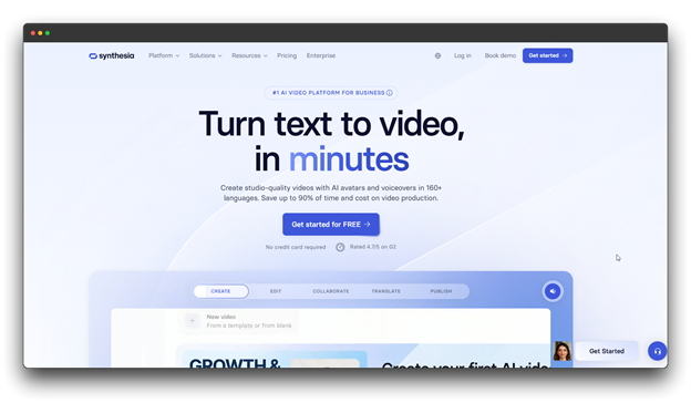 The Synthesia homepage promotes its ability to turn text to video in minutes, positioning itself as a leading AI Video Generators: Video Generators: AI video platform for business that uses AI avatars and voiceovers in over 160 languages.  Al Video Generators: Video Generators: Al video