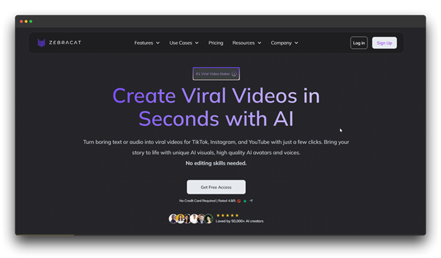 Zebracat homepage, marketed as the "#1 Viral Video Maker," which creates viral videos in seconds with AI for TikTok, Instagram, and YouTube using text or audio to generate visuals and high-quality AI avatars/voices.
🔑 Keywords: AI Video Generator; Video Generators; Faceless Videos; Zebracat Viral Video Maker; AI avatars and voices