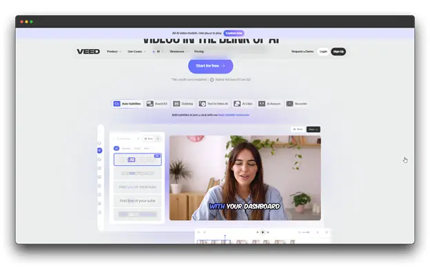 A screenshot of the VEED website. The page shows the video editing interface with a video playing of a woman speaking. The interface displays options for adding "Auto Subtitles," "Brand Kit," "Dubbing," and "Text to Video AI." Keywords: Faceless Video Creation Tool, video creation, faceless video.