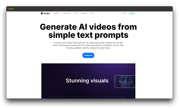 InVideo homepage showcasing its ability to generate AI videos from simple text prompts, positioning it as a powerful AI Video Makers platform.  Al Video Makers; Al Video Makers Online; Video Makers Online
