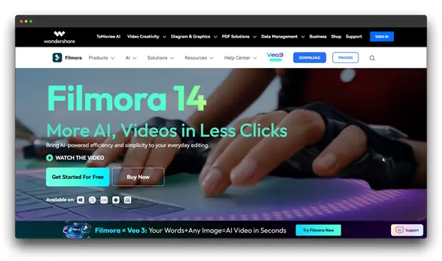 A screenshot of the Wondershare Filmora website. The main text reads "Filmora 14 More AI, Videos in Less Clicks." The background shows a close-up of a person's hands on a keyboard. A blue "Get Started For Free" button and a "Buy Now" button are visible. Keywords: Faceless Video Creation Tool, video creation, faceless video.