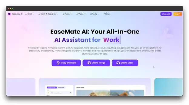 EaseMate AI "All-In-One AI Assistant for Work" homepage, powered by models like Gemini and Veo 3, offering a comprehensive suite for users seeking AI Video Generators: Video Generators: AI video for study and productivity tasks.  Al Video Generators: Video Generators: Al video