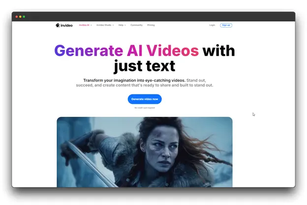 A screenshot of the InVideo website. The headline is "Generate AI Videos with just text." The subtext says, "Transform your imagination into eye-catching videos. Stand out, succeed, and create content that’s ready to share and built to stand out." A blue button says "Generate video now." Below this, a cinematic image of a woman in a fantasy-like setting is visible. Keywords: Faceless Video Creation Tool, video creation, faceless video.