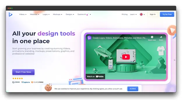 A screenshot of a design tool website. The title reads "All your design tools in one place." A large section on the right shows a video player with a laptop, a mobile phone, and various design elements, including a t-shirt and a coffee mug. A "Start Free Now" button and a cookie consent pop-up are visible at the bottom. Keywords: Faceless Video Creation Tool, video creation, faceless video
Keyword : Faceless Video Creation Tool : video creation : faceless video