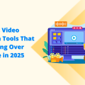 A graphic with the title "Faceless Video Creation Tools That Are Taking Over YouTube in 2025." An illustration depicts a person sitting at a desk and using a computer to create a video, with editing tools, film reels, and a clapperboard visible on the screen and around the desk. Keywords: Faceless Video Creation Tool, video creation, faceless video.