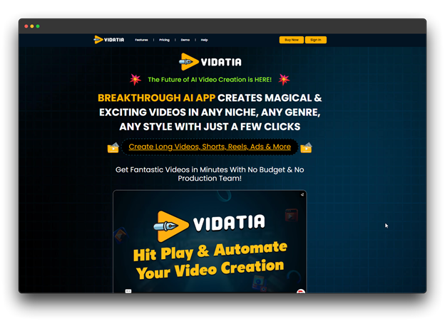 Vidatia homepage advertising a breakthrough AI app that creates magical and exciting videos in any niche, highlighting it as an excellent AI Video Makers Online solution.  Al Video Makers; Al Video Makers Online; Video Makers Online