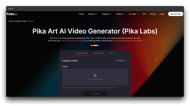 Pika Art AI Video Generator (Pika Labs) tool interface for generating video from an uploaded image, with options for Image to Video and Text to Video, noting it raised $135 million in funding.

🔑 Keywords: AI Video Generator; Video Generators; Faceless Videos; Pika Labs AI; Image to Video Generator