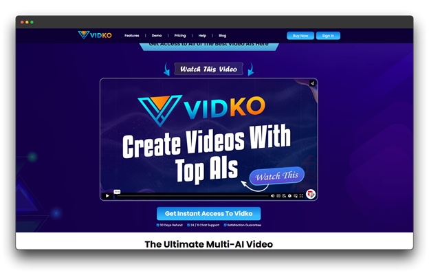 VIDKO homepage with a prominent video player and call to action to "Create Videos With Top AIs," demonstrating its role as one of the ultimate Video Makers Online. Al Video Makers; Al Video Makers Online; Video Makers Online