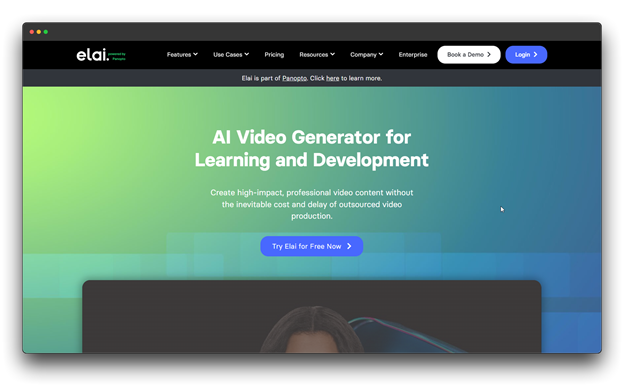 Elai.io homepage showing "AI Video Generator for Learning and Development," promising to create high-impact, professional video content without the cost and delay of outsourced video production.

🔑 Keywords: AI Video Generator; Video Generators; Faceless Videos; Elai.io Learning Development; Professional video content AI