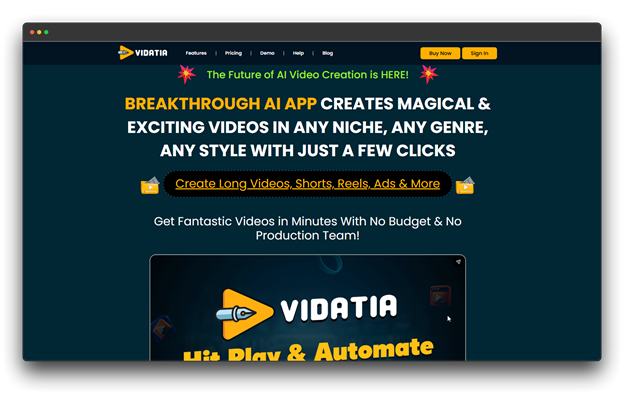 Alt Text: The Vidatia website homepage showcases a breakthrough AI Video Generators: Video Generators: AI video app designed to create magical videos in any niche or style with just a few clicks, including long videos, shorts, reels, and ads without a production team. Al Video Generators: Video Generators: Al video