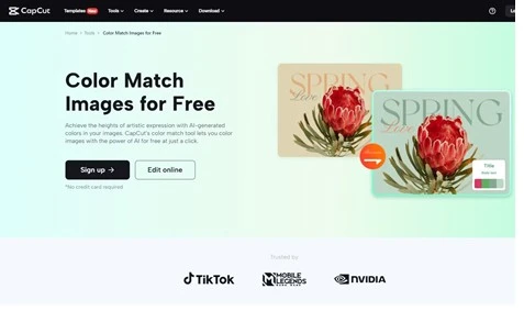 CapCut's "Color Match Images for Free" feature page, illustrating how users can achieve artistic expression using AI Video Generators: Video Generators: AI video technology to automatically match colors in images for high-quality visual content. Al Video Generators: Video Generators: Al video