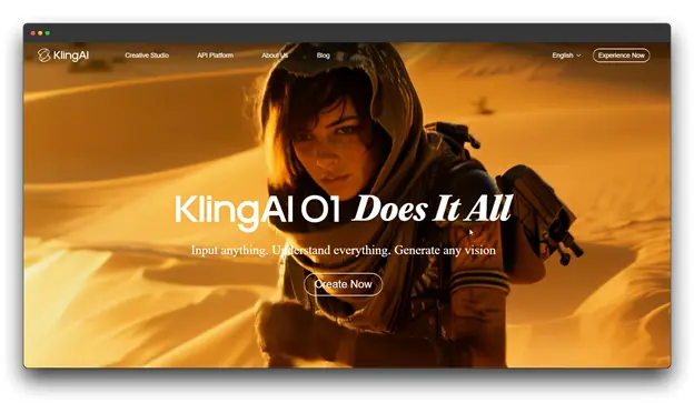 The KlingAI O1 landing page featuring a cinematic desert scene, highlighting its "Does It All" capability as one of the high-end AI Video Generators: Video Generators: AI video that can generate any vision from simple user input. Al Video Generators: Video Generators: Al video