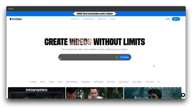 InVideo's website header stating "Create Videos Without Limits," showing a workspace designed for AI Video Generators: Video Generators: AI video enthusiasts to turn ideas into ads, explainers, and stories with ease. Al Video Generators: Video Generators: Al video
