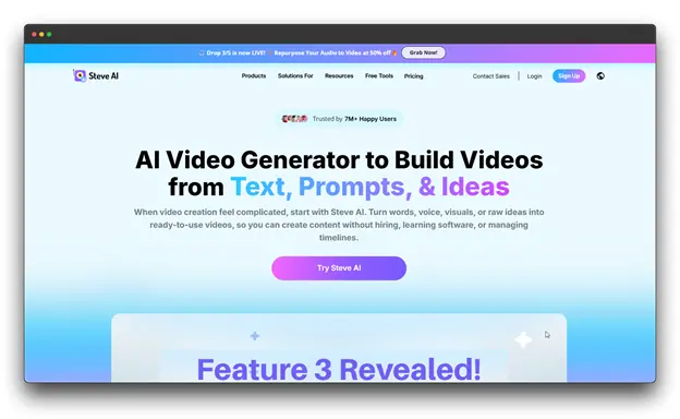 Steve AI homepage featuring an AI Video Generators: Video Generators: AI video tool that builds videos from text, prompts, and ideas, helping users create content without the need for complex software or hiring professionals. Al Video Generators: Video Generators: Al video