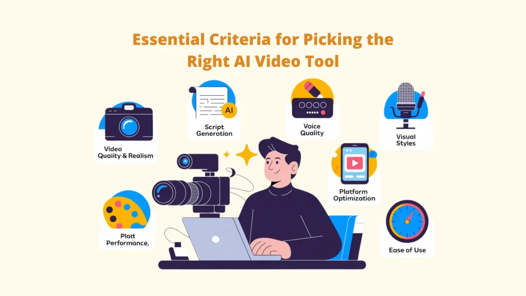 A professional illustration outlining essential criteria for picking the right AI Video Generators. It features a creator at a laptop with icons representing video quality, script generation, voice quality, visual styles, and platform optimization to ensure the best results when creating AI video content with modern video generators. Al Video Generators: Video Generators: Al video